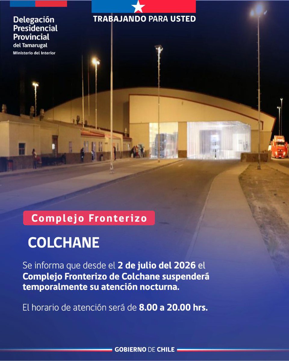 UPFronterizos's tweet photo. Nuevo horario de atención para el Paso Fronterizo #Colchane desde el 2 de julio ✅ #UPFInforma https://t.co/MSaLwqbmZb