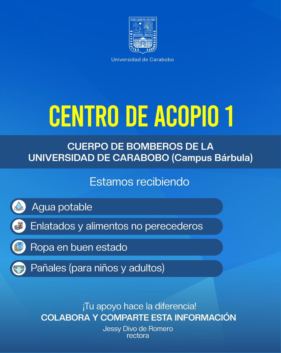 UCarabobo's tweet photo. La @UCarabobo se solidariza ante la actual emergencia que padece el país.
Pone sus servicios para los más vulnerables en este momento de tragedia y pérdida, con centros de acopio y servicios de asistencia. https://t.co/FSe3y2gs9o