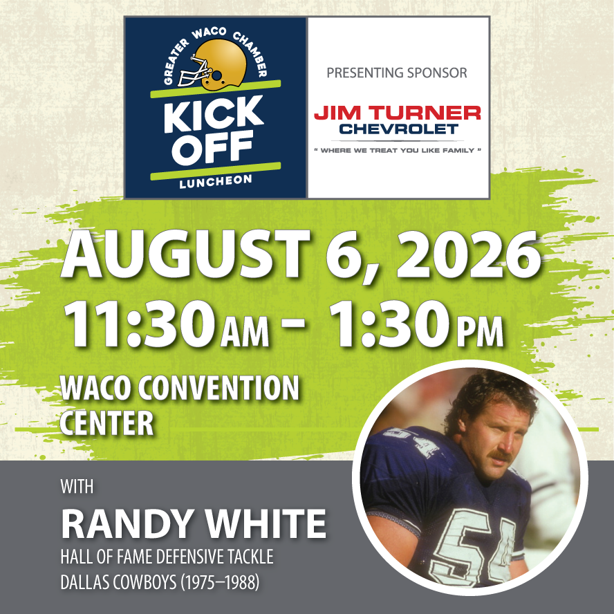 WacoChamber's tweet photo. 2026 Kick Off Luncheon | Aug. 6 | 11:30 a.m. | Waco Convention Center

🏈This year, enjoy a special appearance from guest speaker Randy White, Hall of Fame defensive tackle for the Dallas Cowboys. 🏈

Register: https://t.co/tbJs6CQRpj https://t.co/II6lKje0CD