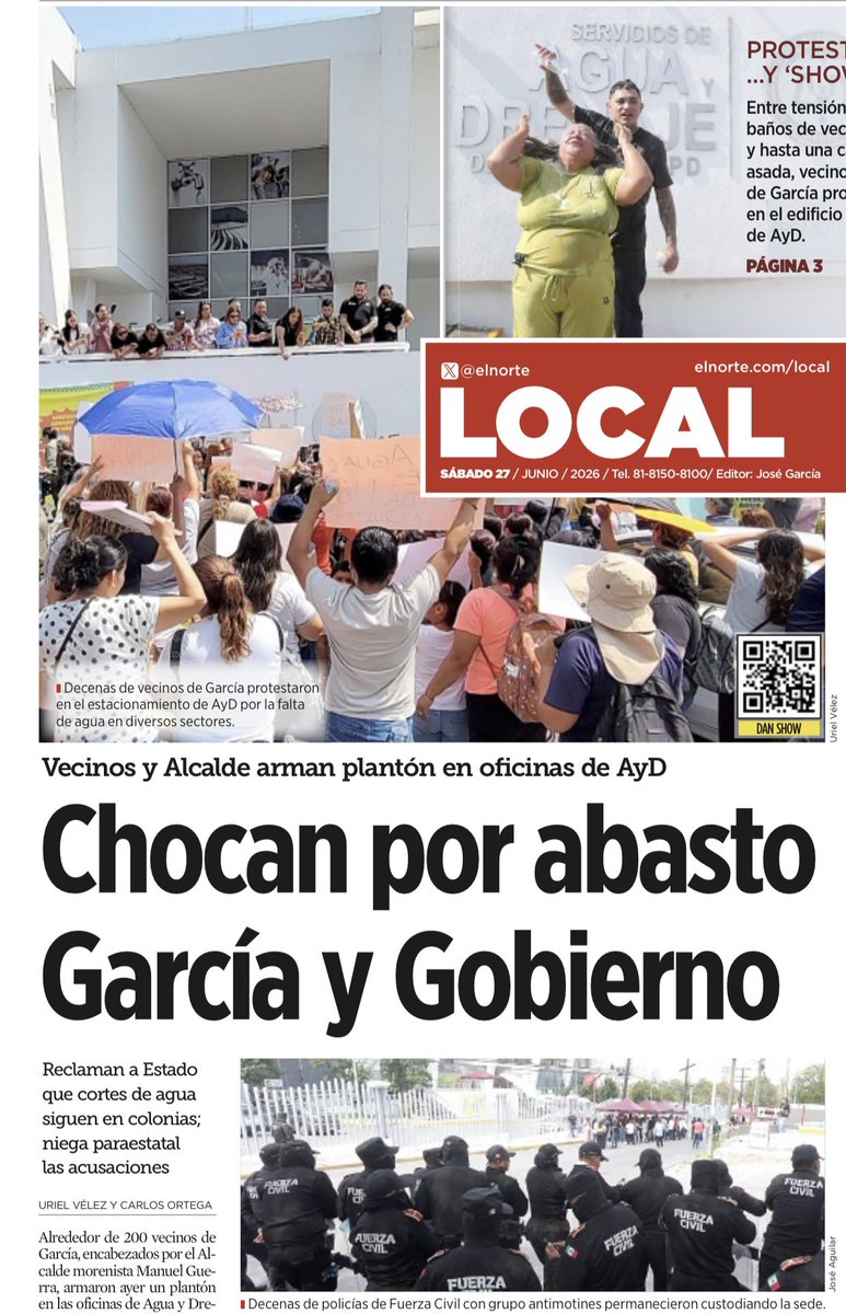 angelcharlsmty's tweet photo. Las dos caras de #NL: 

-Vecinos de García arman protesta en oficinas de @ayd_monterrey por falta de agua desde hace 2 semanas.
-El Gobernador @samuel_garcias sigue en “modo party”, pasó el jueves de los shots de tequila con Gpo Firme al juego de España ayer en Gdl.
Vía @elnorte https://t.co/x5aQznn39n