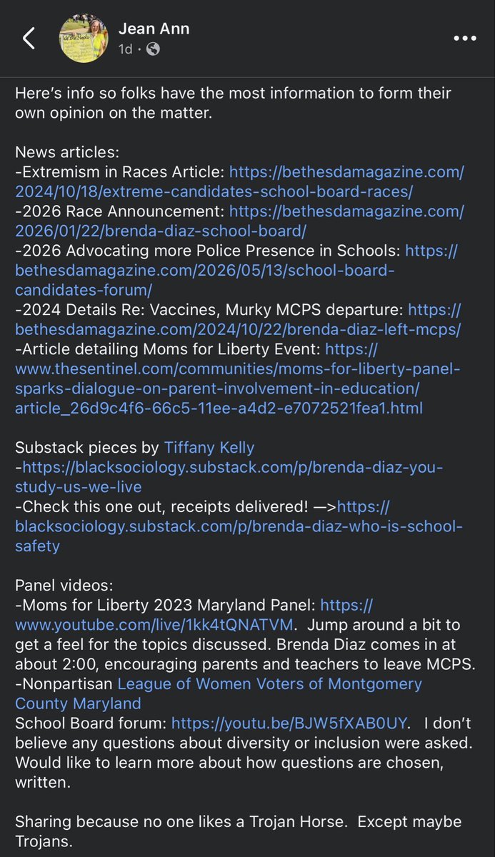 keepmocosane's tweet photo. MoCo: remember Brenda Diaz is a walking conspiracy theory. Fired from MCPS. Thinks RFK is an authority on vaccines. Defines “successful family,”  won’t answer questions about her own. Speaks on anti-trans panels. Endorsed by Moms 4 Liberty and MoCo Republican Party. https://t.co/5NHoNibbLq