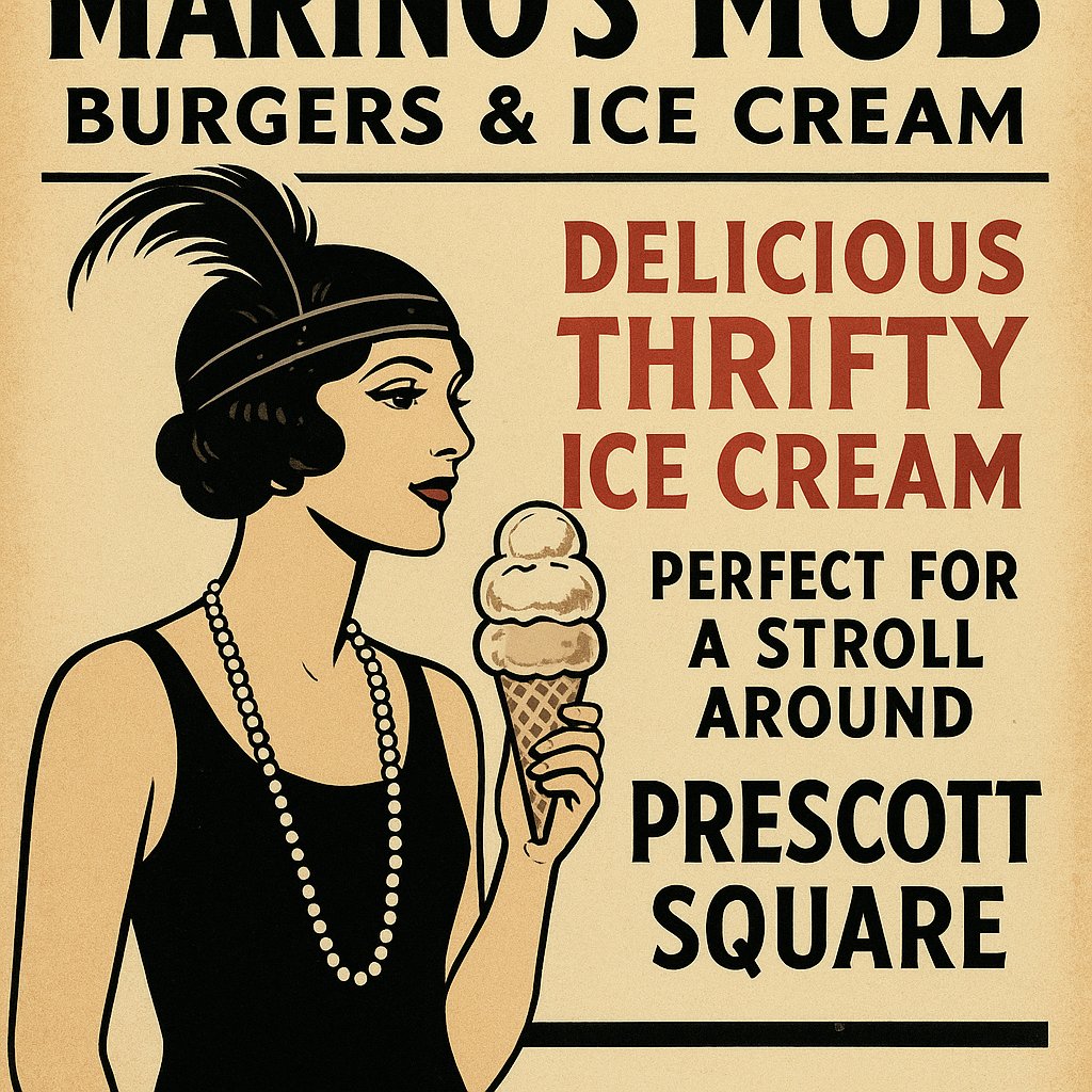 MarinosMob's tweet photo. Step back in time to the roaring 20s at Marino's MOB Burgers & Ice Cream! 🍔🍦 Transport yourself to an era of nostalgia while indulging in our delicious Thrifty ice cream. Take a stroll around the Prescott Square and savor the flavors of our creamy treats, food, drink and our beautiful weather! #MarinosMOB #IceCreamDelight
#MarinosMOB
#PrescottAZ
#DowntownPrescott
#PrescottFoodies
#PrescottRestaurants
#PrescottEats
#WhiskeyRow
#HistoricPrescott
#VisitPrescott
#PrescottValley
#ArizonaFoodie
#BestBurger
#BurgerLovers
#ThriftyIceCream
#FamilyFriendlyDining
