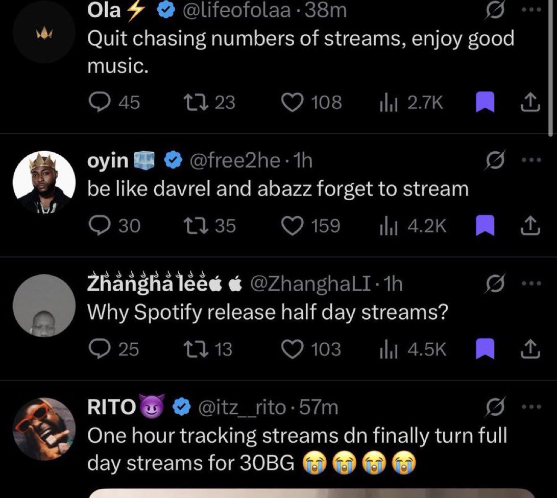 blackebony28's tweet photo. Dem say Spotify release half day streams 😭😭😭 https://t.co/UU3ZV5F754