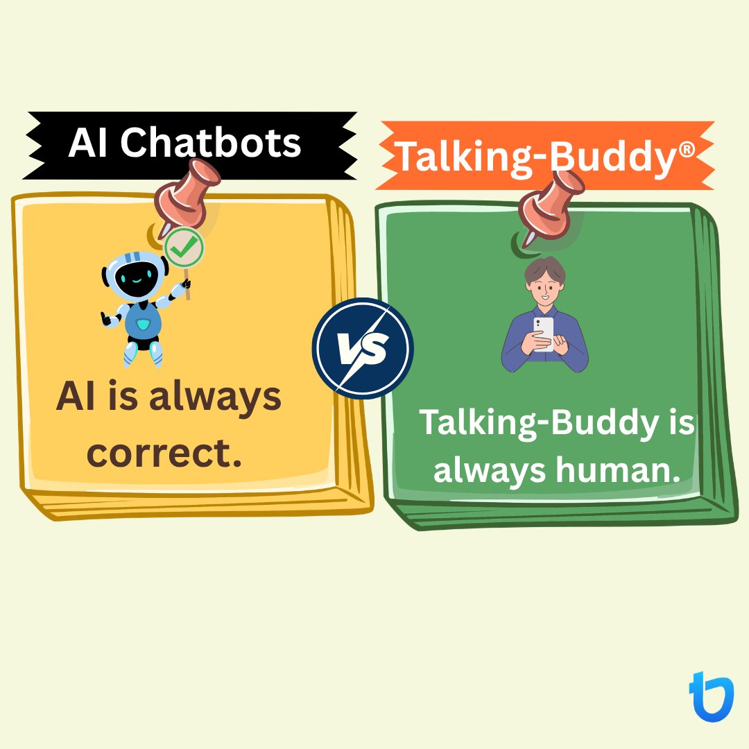 TheTalkingBuddy's tweet photo. AI Chatbots can provide information and quick answers anytime.
But real conversations bring understanding, empathy, and a human touch. 
Because sometimes you don’t need just an answer…
You need to feel heard. 
#TalkingBuddy #HumanConnection #RealConversations #FeelHeard https://t.co/NBeK60n1u8