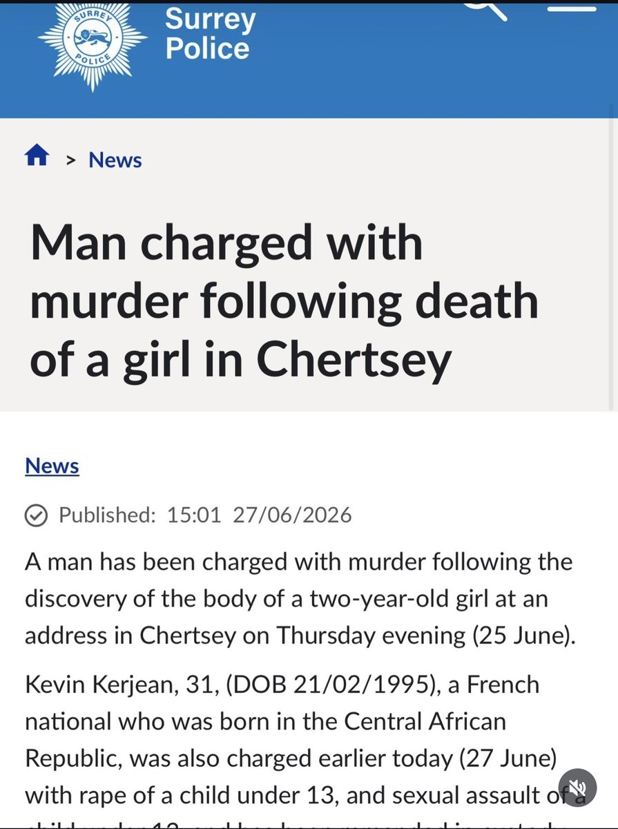 BritishBastardX's tweet photo. 🚨 2-year-old British girl found dead in Chertsey.
Kevin Kerjean, 31.

French national born in the Central African Republic — charged with her murder, plus rape and sexual assault of a child under 13.

He’s already been remanded after appearing in court today.

Another innocent British child failed.

When does it end?