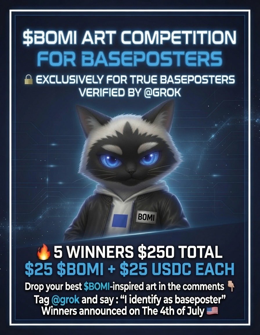 Mirocious's tweet photo. New post about $BOMI Art Competition just dropped on @CoinMarketCap !!! 
We keep spreading the message 🫡🟦 https://t.co/LQ9fuBNtZQ