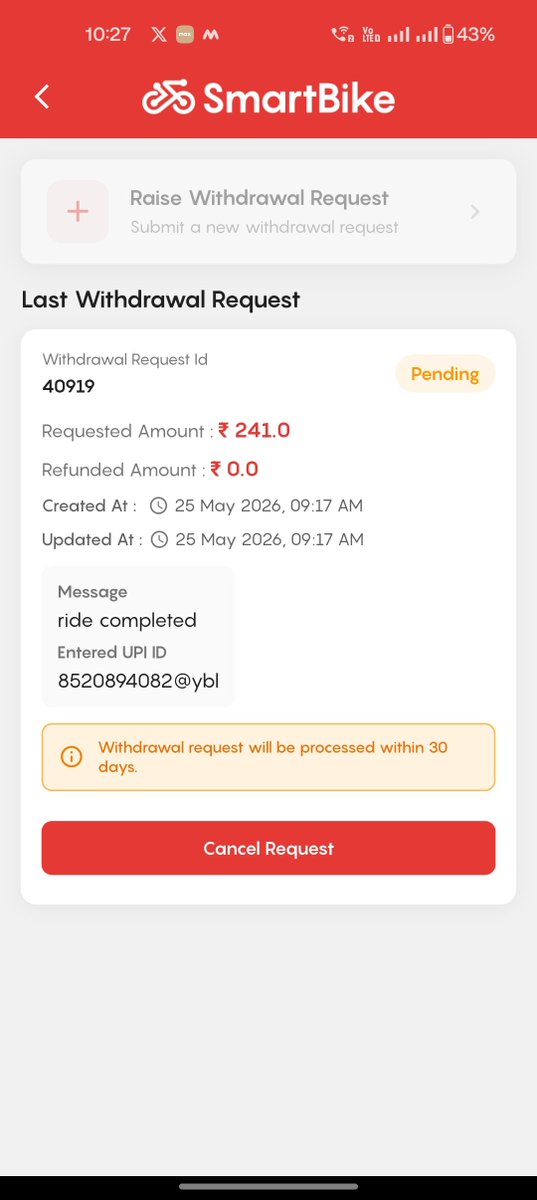 Kishore33375674's tweet photo. @SmartBikeIN its been more than 30 days and still the amount is not yet processed to the given UPI ID https://t.co/HftW5ioGWK