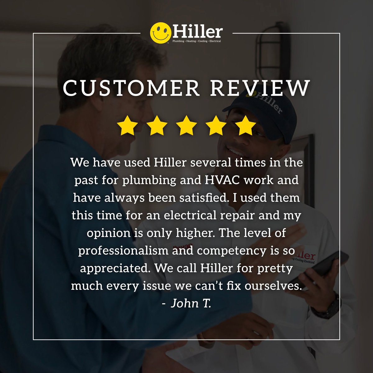 HappyHiller's tweet photo. We love hearing from our customers! 💛 Thank you, John, for trusting Hiller with your plumbing, HVAC, and electrical needs over the years. We appreciate your continued support! https://t.co/FqZM1frj7L