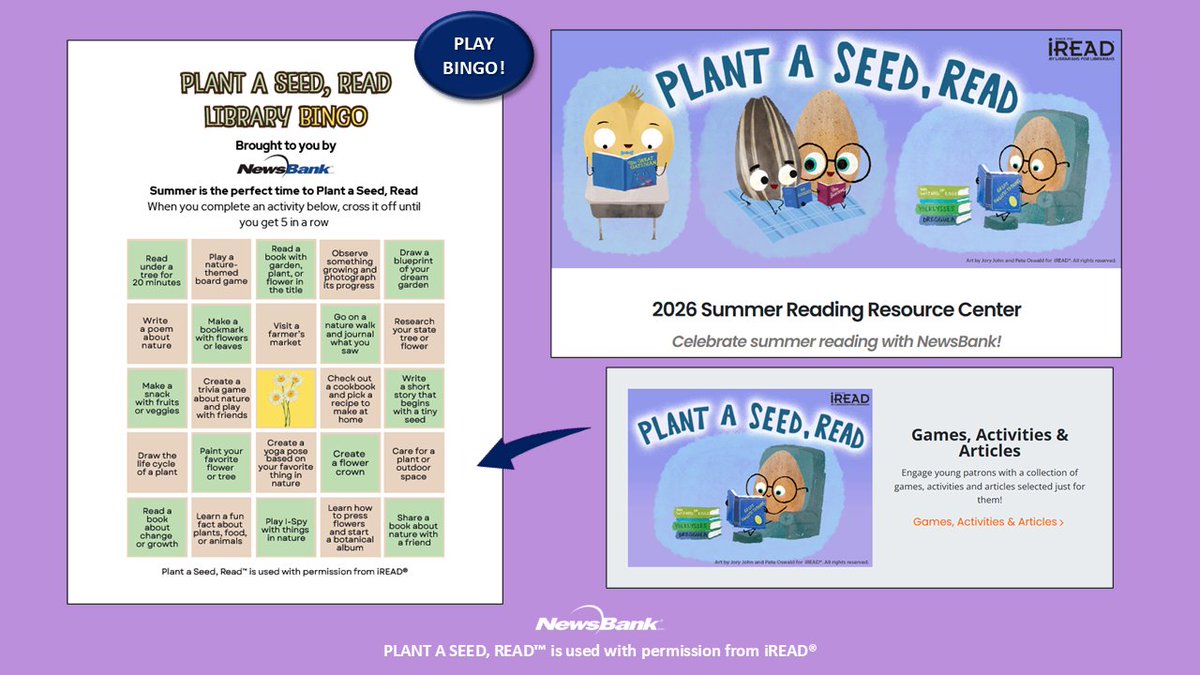 NewsBank's tweet photo. 🧑🌾It's #BingoDay! Young learners can team up with friends and family this summer for #PlantASeedRead Bingo. They can choose from a variety of fun activities and see how many they can cross off: https://t.co/3GaTb5B6ry. #NewsBank #iREAD #SummerReading https://t.co/ByIOqV8N2u