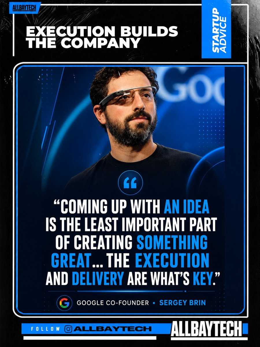 allbaytech's tweet photo. Sergey Brin’s quote is a reminder every founder should sit with.

A great idea can get attention, but execution is what turns it into a company. The real work starts after the idea: building the first version, fixing what breaks, learning from users, and improving until the product becomes impossible to ignore.

Google did not grow from the idea alone. It grew because the team kept refining the search experience, solving harder problems, and delivering something people could trust every day.

For startups, the lesson is simple: your idea matters, but your execution decides the future.

#SergeyBrin #StartupLessons #allbaytech