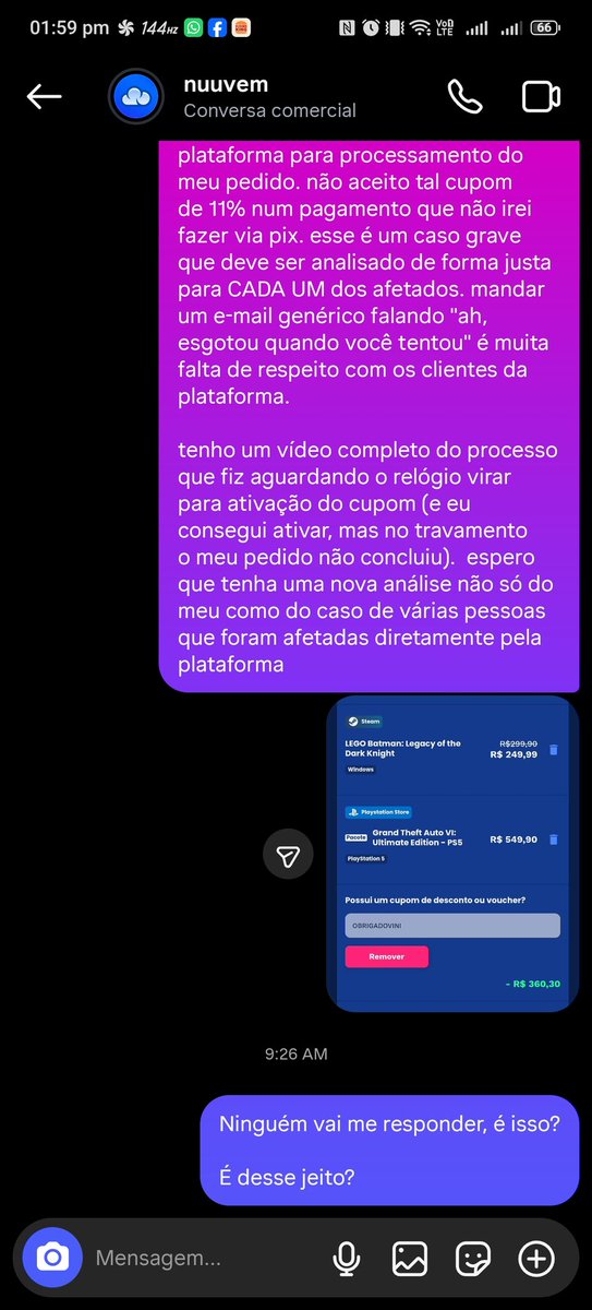 SongAkane2's tweet photo. @nuuvem as mesmas mensagens foram enviadas no Instagram também. até no discord (que vocês pareciam responder alguém) eu tentei mandar mensagem.

abri ticket e nenhum retorno, é de um descaso sem igual o que fizeram com os clientes https://t.co/SRg7frAffY
