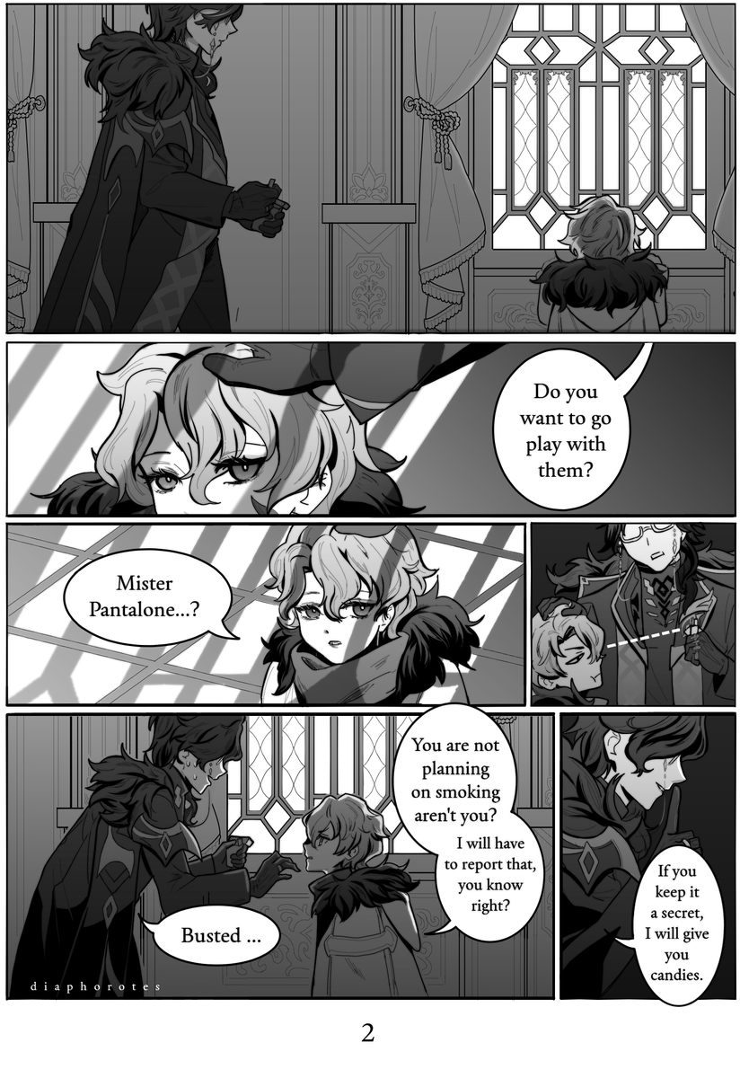 diaphorotes's tweet photo. The Little Lonely Bird - Little comic about an interaction between  Pantalone and the 8 years old segment
''I am a  monstrosity, yet they are too foolish to see it... I pity them.''

#dottore #pantalone #zandik #dottolone (not with 8 obv)
[1/3] https://t.co/AD47kMNUgq
