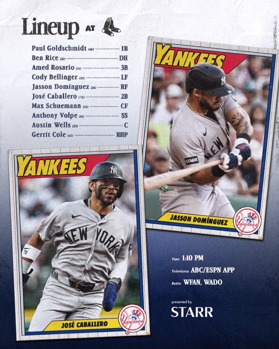 CoolYanksFan's tweet photo. #YankeesFans here's this afternoons @Yankees lineup as @Yankees look to avoid losing the series to the @RedSox with a bit of a different lineup and with @Yankees @GerritCole45 on the mound 

#LetsGoYankees 
#RepBX vs #DirtyWater
#YANKSonABC 
#GerritCole 
#YankeesBaseball
#Rivals https://t.co/HJktqf2k08