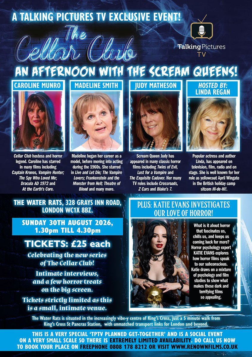 TalkingPicsTV's tweet photo. THE CELLAR CLUB LIVE: AN AFTERNOON WITH THE SCREAM QUEENS! #CarolineMunro #MadelineSmith @maddysmith007 #JudyMatheson @judyjarvis  Host @Linda_Regan Plus Horror psychology expert #KatieEvans LIMITED TICKETS, this is a small venue event. Call 0808 178 8212. Online: https://t.co/Akq0uIHIjF