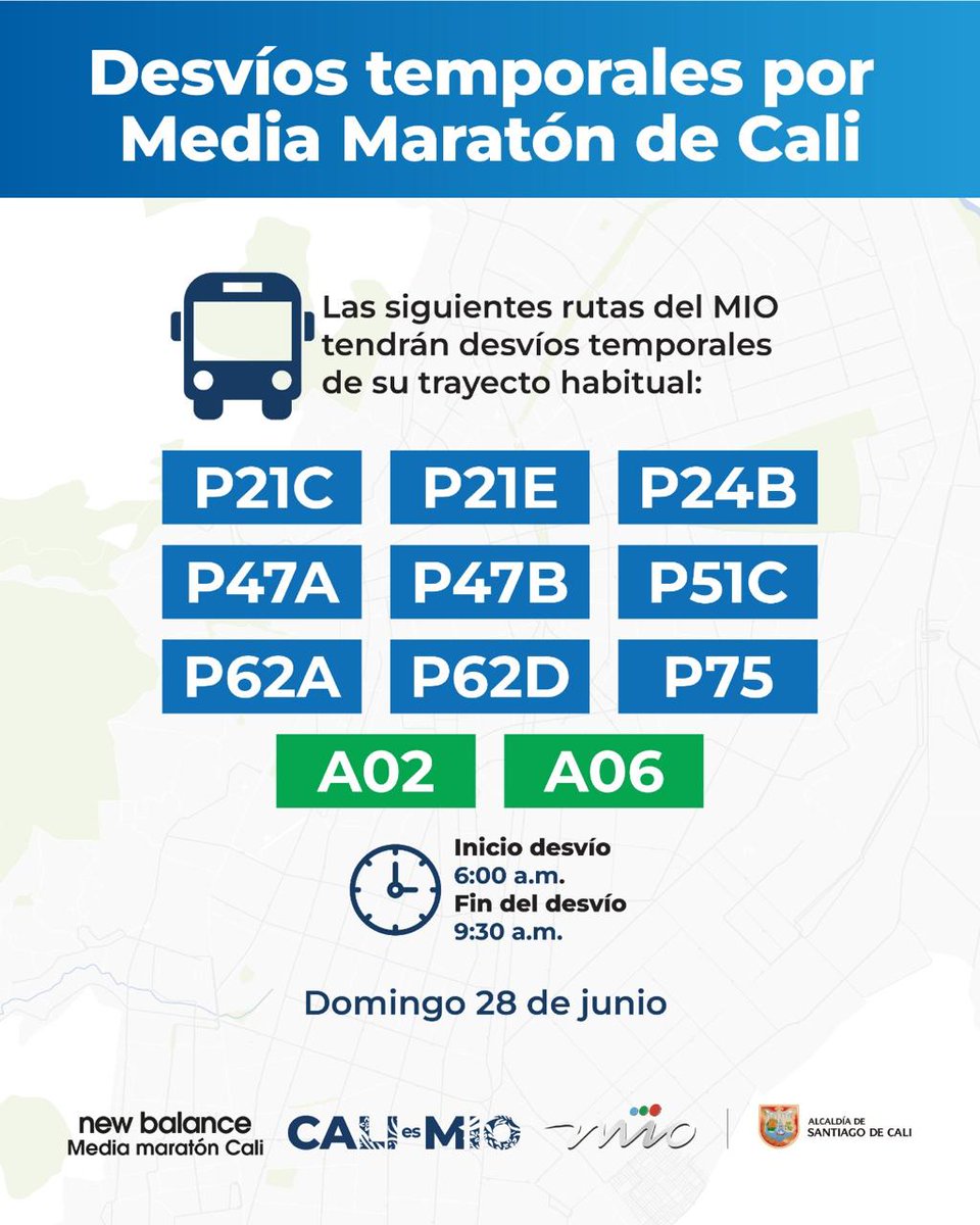 METROCALI's tweet photo. El domingo 28 la #MediaMaratónCali se toma las calles de la ciudad y algunas rutas del MIO tendrán desvíos temporales durante el paso de los corredores🏃🏻‍♂️🏃🏻‍♀️. Descargá la MIO App📱, planeá tu viaje con tiempo🚌🚠. https://t.co/kYWc3OLGIE