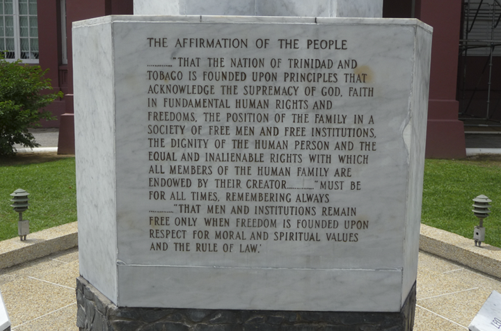 DRJWheeler27045's tweet photo. THE INSPIRATION OF AMERICA

Next to the entrance of The Red House, the Parliament of Trinidad and Tobago in the capital of Port of Spain, there is this marble inscription. It is clear that it is inspired by our 1776 Declaration of Independence and America’s founding principles. Trinidad’s population is 99% either Indian (from India), African, or a mix of the two. 64% are Christian, 21% Hindu, 6% Moslem, others undeclared – and all have these principles as a common bond between them.

Here in the Caribbean’s Trinidad is such a clear example of how America’s founding moral principles are such an inspiration to all humanity, of all cultures, creeds, and ethnicities. They are universal, America’s heritage as a gift to the world. This is the heritage of all Americans – something we need to cherish is we celebrate the 250th 
anniversary of our nation’s birth. (photo ©Jack Wheeler)