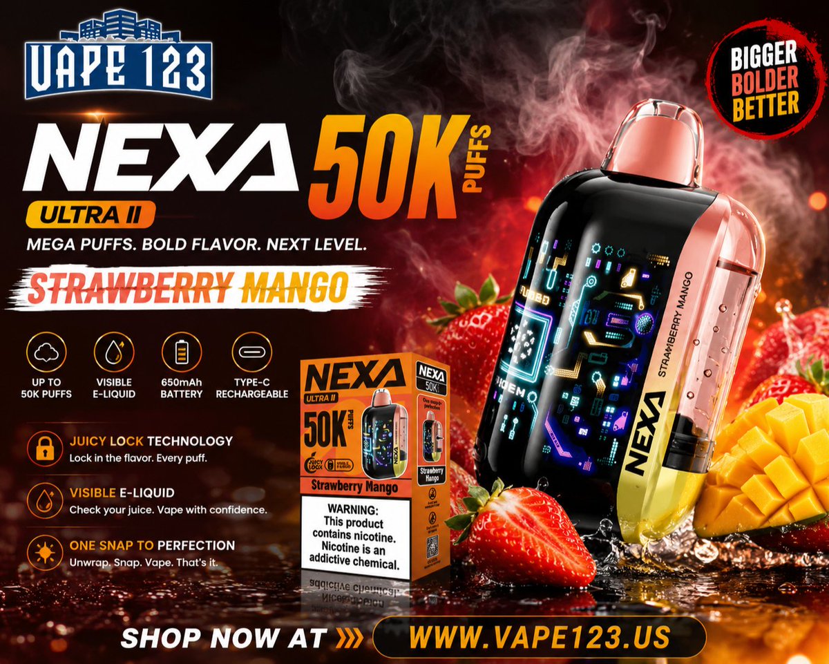 vape123official's tweet photo. 🍓Experience the perfect tropical blend with the Strawberry Mango Nexa Ultra II 50K! Enjoy up to 50,000 puffs, rich dual-fruit flavor, a rechargeable design.
Shop now at https://t.co/7bnx783419

#NexaUltraII #StrawberryMango #DisposableVape #Vape123 #VapeCommunity #VapeLife https://t.co/aYlZhMGocd