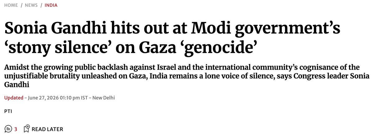 YearOfTheKraken's tweet photo. Sonia Gandhi has penned 3 opeds on Iran and Gaza.

She does not pen many OpEds.
Yet, 3 out of her last 7 OpEds have been dedicated to criticising the Indian Govt on Gaza and Iran for sentimental reasons
Not even related to Indian National Interests

It's just REEEEEing over 'Y u no feel sad for Gaza', 'Y u no cry over Khamenei' 'Y u no call it Gaza Genocide'

It's all just that.

This should be seen in the context of how strongly Congress leaders came out in defence of Muslim League politician Suhrawardy after West Bengal Govt changed the name of a road named after him.

There was no political mileage to be gained out of this but they did it anyway. In the same way that Sonia Gandhi's opeds won't help Rahul Gandhi win elections but she dit it anyway.

Why? Because the Congress party of today has ideologically transformed into the Muslim League.
Everything, including foreign policy and Indian interests in the domain of geopolitics, must be subordinated to the will of Muslim sentiments.

No wonder the Congress party is on a death spiral.
