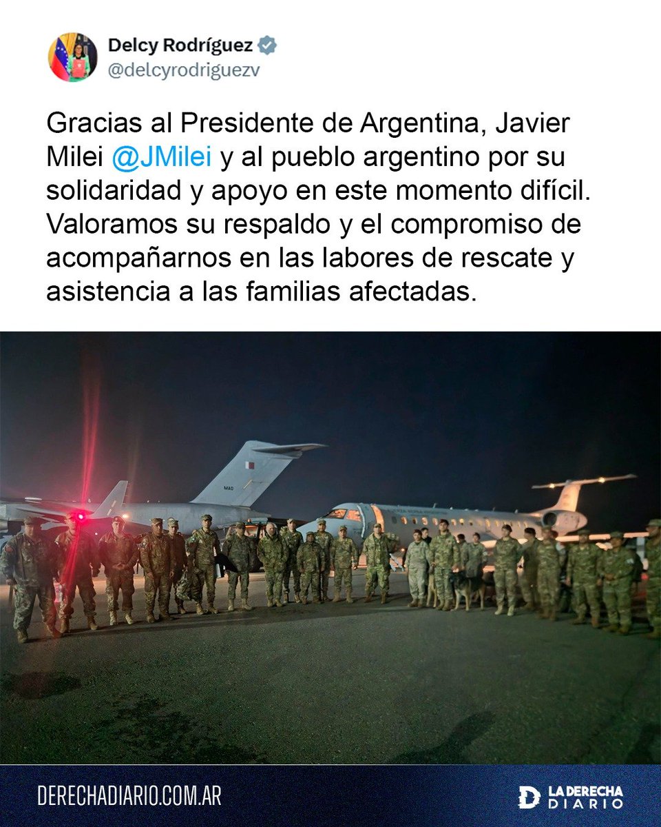 laderechadiario's tweet photo. 🚨🇻🇪🇦🇷 | Delcy Rodríguez agradeció al presidente Javier Milei y al pueblo argentino por el envío de ayuda humanitaria para asistir a las víctimas de los devastadores terremotos en Venezuela.

"Gracias al Presidente de Argentina, Javier Milei, y al pueblo argentino por su solidaridad y apoyo en este momento difícil. Valoramos su respaldo y el compromiso de acompañarnos en las labores de rescate y asistencia a las familias afectadas".
