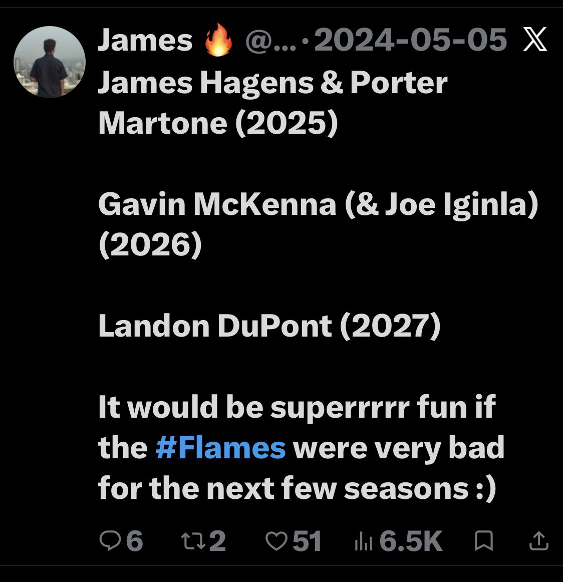 Tawdge's tweet photo. Funny how the same people complaining about the #Flames drafting Joe Iginla were the same one’s begging to draft him a couple years ago..  🤦‍♂️ https://t.co/F5dIBf04p2