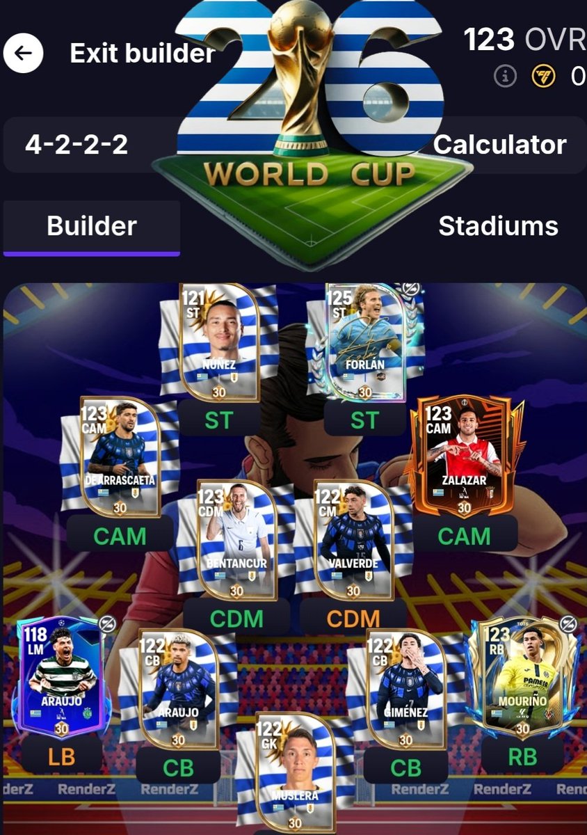 Squadbuilderx's tweet photo. ACTUALIZADO ‼️
#Uruguay             
𝐖𝐎𝐑𝐋𝐃 𝐂𝐔𝐏 𝐌𝐎𝐃𝐄: 𝐎𝐍 🌎🏆
48 teams. One trophy. 🏆 
#FIFAWorldCup
@tutiofifa @FirstHalfYT @Jacobek08  @FC_14_STAR @ALANDROID23 @fifarenderz
RT APPRECIATED https://t.co/4CxnY3cnzK