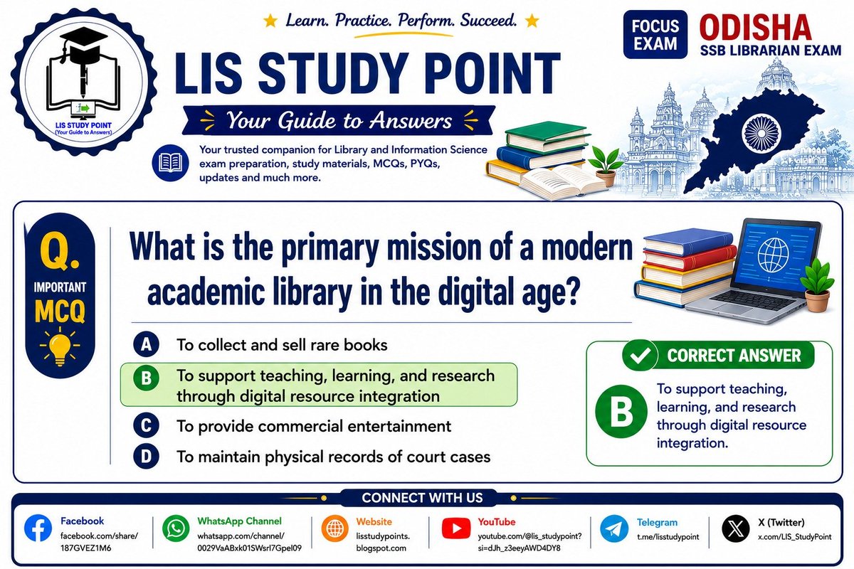 LIS_StudyPoint's tweet photo. 📚Daily MCQ for Odisha SSB Librarian Exam 2026 📝Challenge Yourself!🎯
#LISStudyPoint #YourGuideToAnswers #OdishaSSB #SSBLibrarian #OdishaLibrarianExam #LibraryScience #LIS #LISMCQ #LibraryScienceMCQ #AcademicLibrary #LibraryJobs #CompetitiveExams #DailyMCQ #StudyNotes #OdishaJob https://t.co/2axUx50dfp