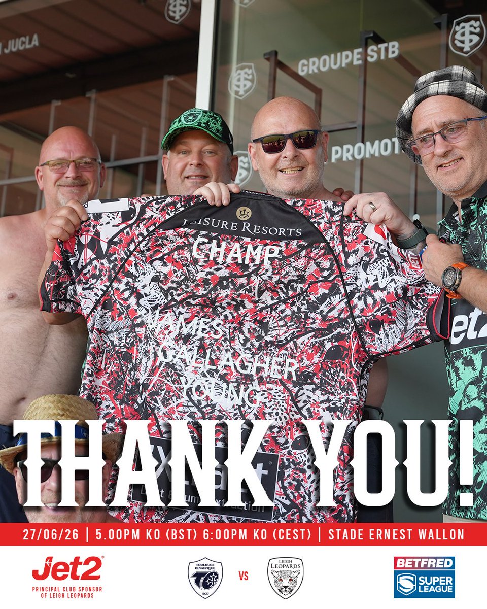 LeighLeopardsRL's tweet photo. 🐆𝗧𝗛𝗔𝗡𝗞 𝗬𝗢𝗨 👏

To every single Leigh Leopards fan who made the journey to Toulouse... THANK YOU.

You travelled hundreds of miles, endured 40°c heat, and your passion, your noise and your unwavering support never stopped, and the boys responded with a commanding performance on the pitch.

Days like these are what rugby league is all about – players and supporters standing together, no matter where in the world we are.

Safe travels home, enjoy every moment of this special victory, and thank you for doing the club proud. ❤️