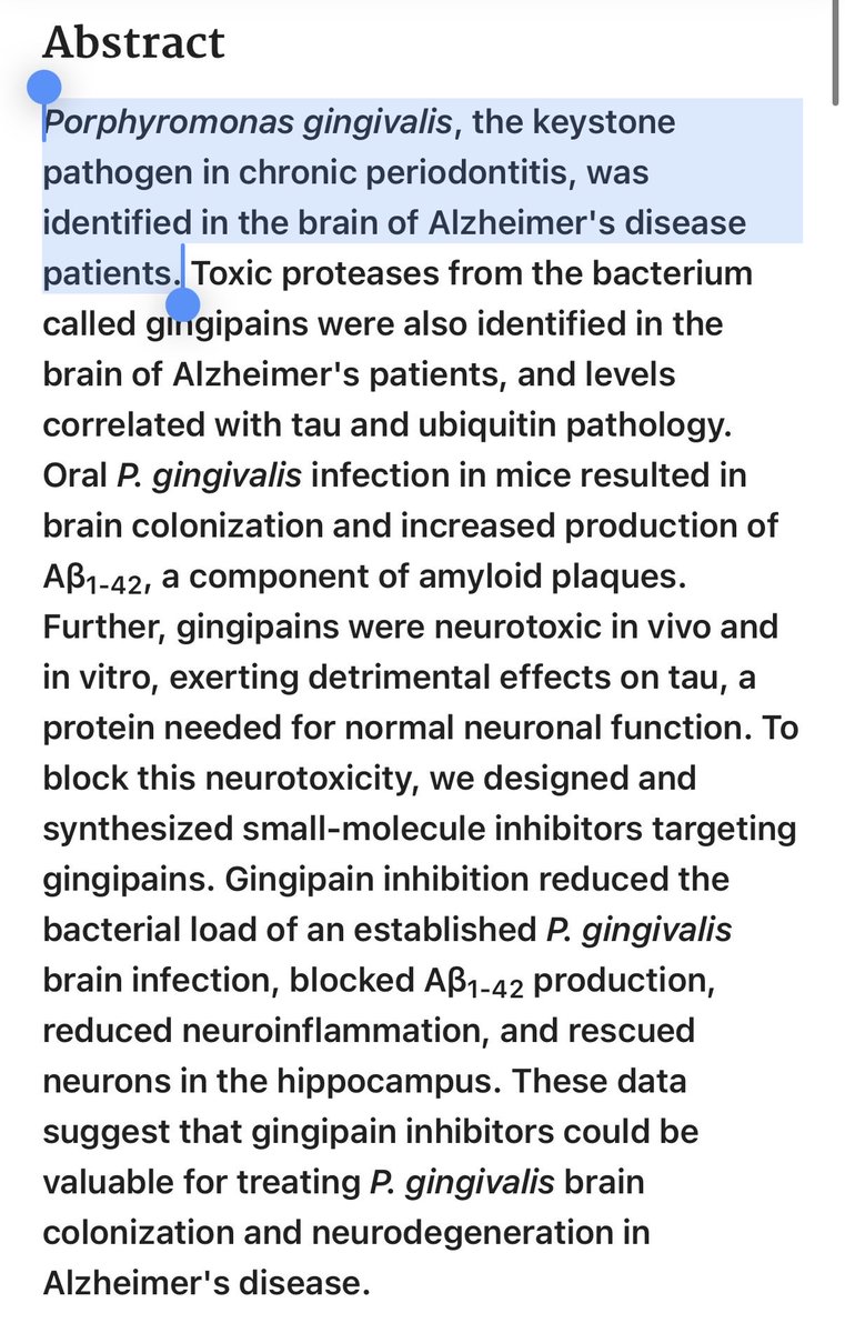 FarvingCo's tweet photo. You floss. You bleed. That bacterium doesn’t stay in your mouth.

It crosses into your bloodstream. Then it crosses into your brain.

It was found in 96% of Alzheimer’s tissue.

P. gingivalis.

It lives in your gum pockets. Feeds on blood. Destroys tissue.

Human brains. Post-mortem. Published study.

Your dentist has seen your bleeding gums hundreds of times. Never once mentioned your brain.

Bleeding gums aren’t a cosmetic problem. They’re a direct threat to your brain:

→ severe gum disease = 6.87x higher risk of Alzheimer’s
→ it fragments tau - the protein your neurons need to function
→ it increases amyloid-beta plaques - the hallmark of Alzheimer’s
→ it breaks down the blood-brain barrier - letting MORE pathogens in

Brain fog that won’t lift? Memory getting worse? Can’t focus like you used to?

It might not be aging. It might be your oral bacteria.

Stop the bleeding and you starve it. Chew mastic gum and you kill it.

The daily protocol:

→ morning: coconut oil pulling. 10 min. spit. loosens surface bacteria. it’s free and it’s in your kitchen

→ after meals: mastic gum. chew 20 min. a resin from Greece that releases antibacterial compounds below the gumline. published data against P. gingivalis, H. pylori, S. mutans, and F. nucleatum

a month of mastic gum costs less than one dental cleaning. except this one actually kills the bacteria your dentist never mentioned

mastic gum is the weapon. coconut oil is the cleanup. use both.