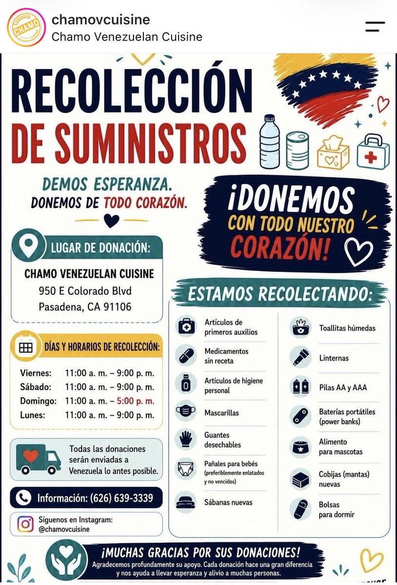 elsy_ornelas's tweet photo. Pasadena/Altadena and surrounding areas, Chamo Restaurant is collecting supplies to send to Venezuela, here is all the info. Anything will be appreciated!
#Pasadena #Altadena #LACounty #Venezuela https://t.co/3MwNqYVbS8