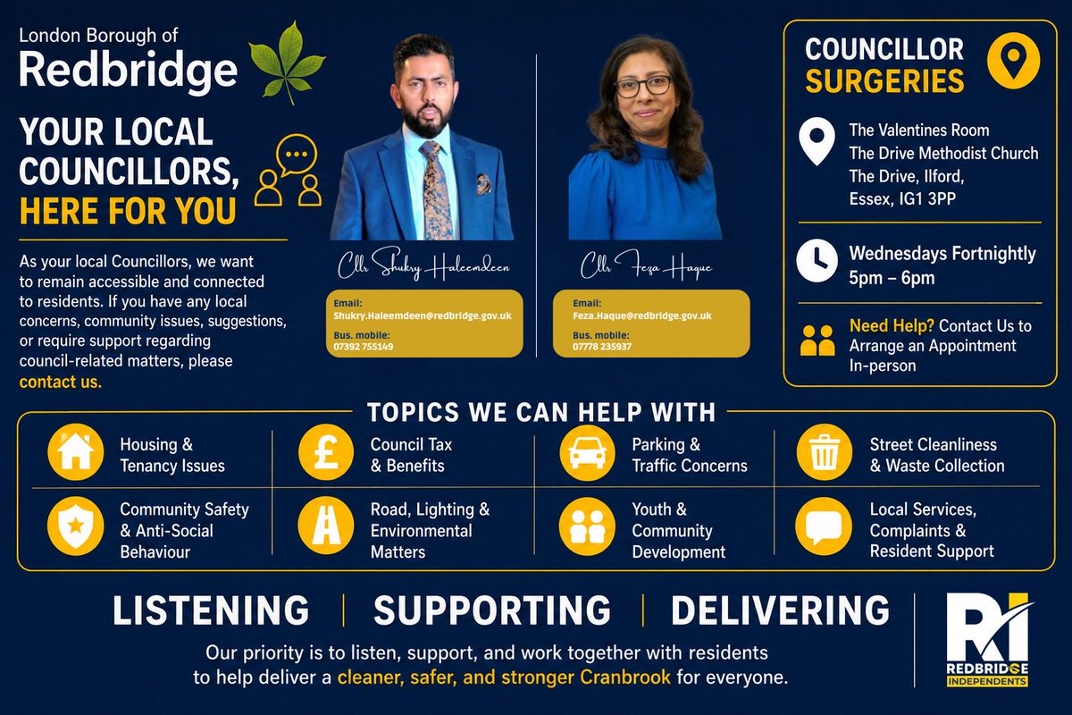FezaHaqueRII's tweet photo. Thank you Cranbrook ward residents for giving us the opportunity to serve as your local councillors. Please check out our pages for ward surgery details:

Councillor Feza Haque:
https://t.co/pPakr8uNfl

Councillor Mohamed Shukry Haleemdeen:
https://t.co/KPnlbfmrDW https://t.co/XSTLDOHtqw