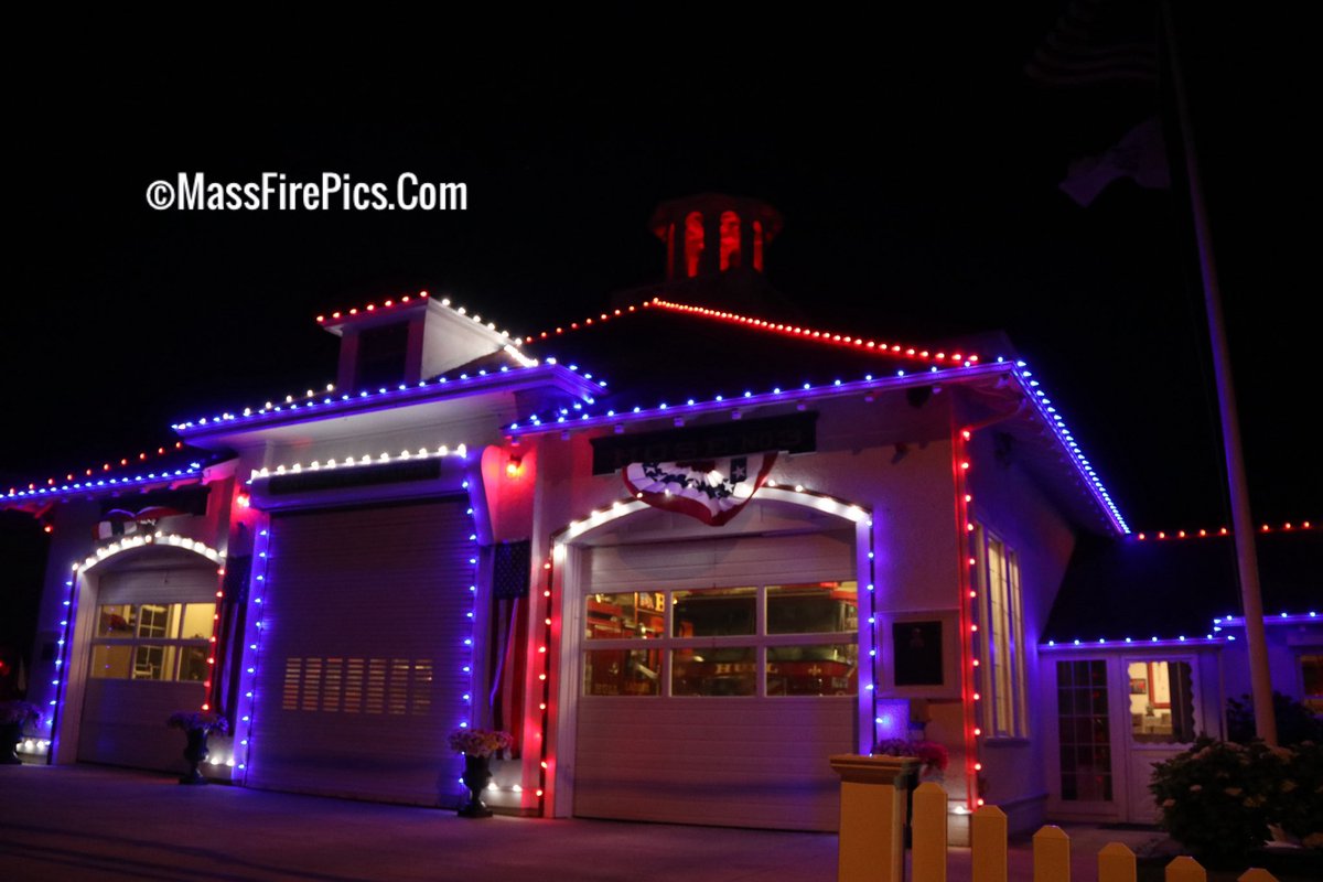 MassFirePics's tweet photo. Hull Ma. Fire Dept Headquarters (Station-2) at 671 Nantasket Ave at A Street decorated in red, white and blue lights for the 250th birthday of the country for July 4th. (Taken Friday night 6/19/26) 

Great job Hull Firefighters https://t.co/xeWZNIK6Vi