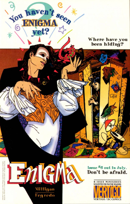 comicvisibility's tweet photo. The queer comic of the day is Vertigo's Enigma by Peter Milligan, which is DC's 1st solo book with a gay lead and 1st same-sex kiss.

Enigma was inspired by Milligan's friendship with editor Art Young, who'd recently come out as gay and wanted to include gay characters in Vertigo https://t.co/1Yi6EuCvBt