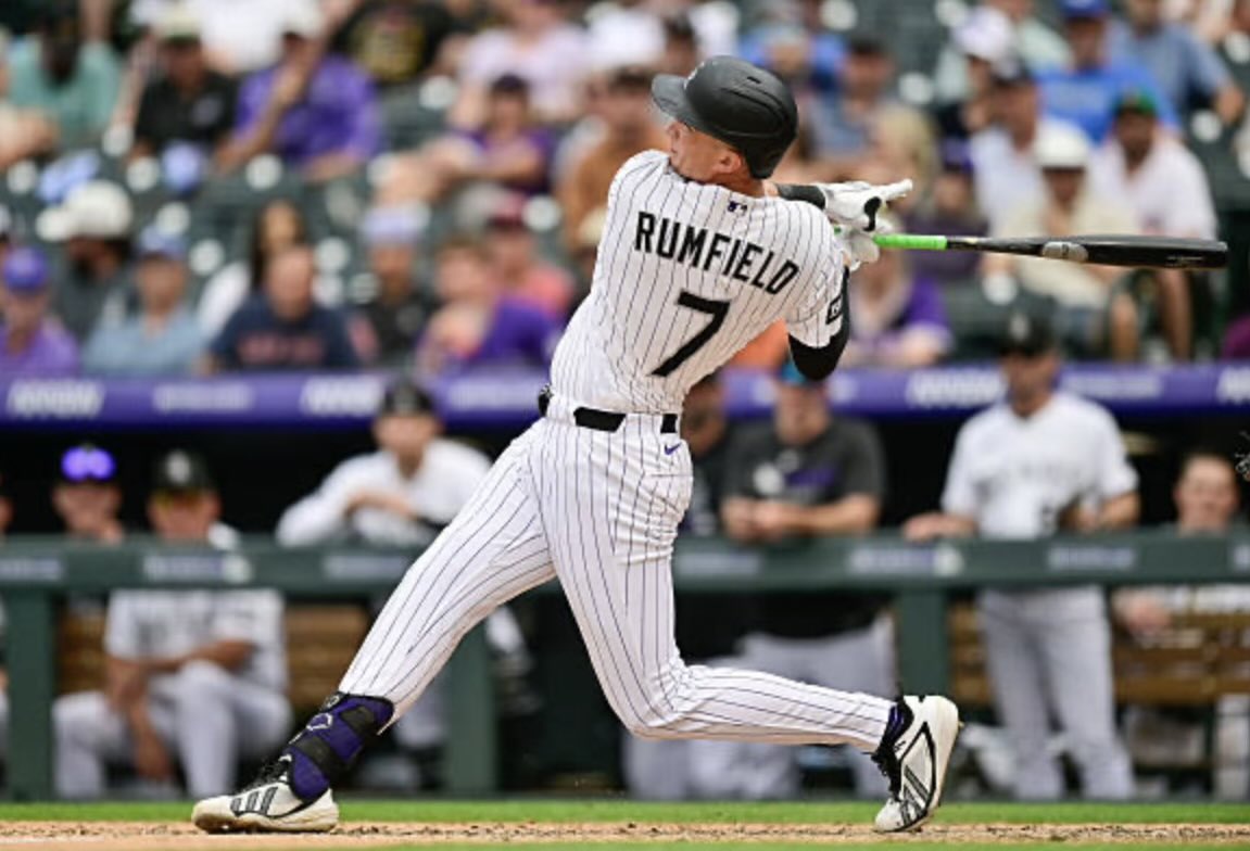 SleeperRockies's tweet photo. 🟣TJ Rumfield during his current 9️⃣ game hitting streak🟣 #Rockies 

— .382 AVG
— .447 OBP
— .706 SLG‼️
— 1.153 OPS 😮
— 4 R
— 3 HR 
— 10 RBI https://t.co/i1d7UJR5S7