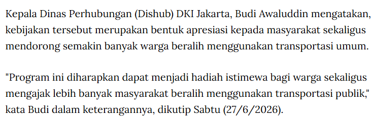 stravenues's tweet photo. Penerapan tarif Rp1 ini lantas menjadi pertanyaan. Tujuannya apa? Memberi akses transum seluas-luasnya dengan harga terjangkau? Tarif TJ yang sudah 20 tahun lebih tidak pernah naik rasanya sudah sangat terjangkau. MRT dan LRT mungin kita bisa perdebatkan.

Membiasakan warga naik transum? Ketika diterapkan di hari yang bertepatan dengan sebuah hajatan, yang ada malah menjadi chaos, tidak terkendali, dan mungkin memberikan pengalaman negatif.

Jika memang ingin memberikan akses transportasi umum yang menjangkau warga dan membuat warga terbiasa naik transum, tarif Rp1 jelas bukan solusi yang menyentuh hal yang fundamental. Malah ini terasa sebagai kebijakan yang populis.