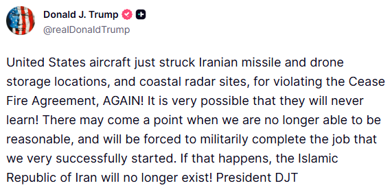 StackerSatoshi's tweet photo. Trump just confirmed further US strikes on Iran and stated that it may come to a point where the US "will be forced to militarily complete the job" and that if this happens, Iran will no longer exist. https://t.co/JDIDgzJhy5