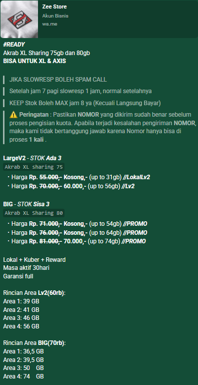 WBxZee's tweet photo. Hari ini!!!
Ready Kuota Akrab XL sharing 75 &amp; 80Gb
Kuota XL &amp; AXIS #zonauang
Bisa langsung Isi✨
60K upto 56gb
70K upto 74gb
Masa aktif 30hari
Full 24jam
Bergaransi &amp; dipastikan amanah
Berminat silahkan order disini atau ke @Wnn4be ya!
Fast respon Ke WA cek Profil @Wnn4be https://t.co/l2jQCpM7cZ