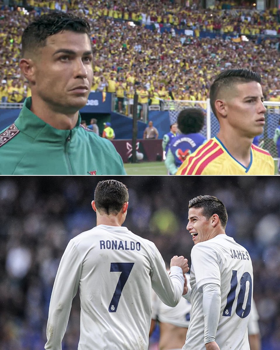 ESPNFC's tweet photo. Former teammates now walking out in what might be their last World Cup group stage match ever 🥺

Captains Cristiano Ronaldo and James Rodriguez leading their countries out for Portugal-Colombia 🔥 https://t.co/5EdgzgqOk1