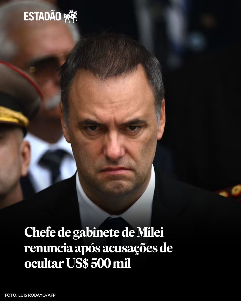 Estadao's tweet photo. Chefe de gabinete de Milei renuncia após acusações de ocultar US$ 500 mil > https://t.co/2C94cXrnuJ

Em carta no X, Manuel Adorni nega envolvimento em escândalo de corrupção; caso afetou a popularidade do presidente argentino https://t.co/CKd0JIiLS3