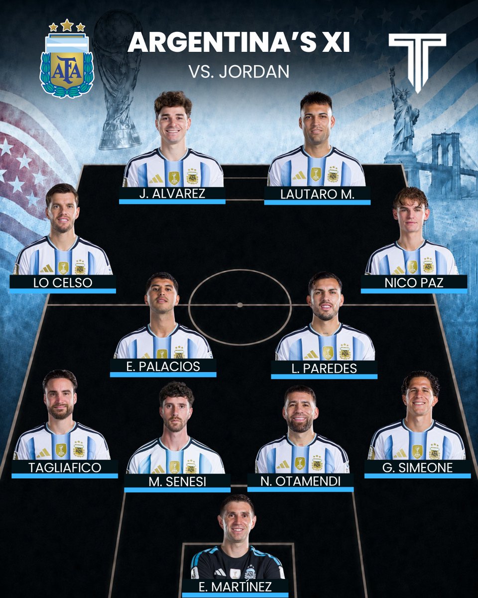 TouchlineX's tweet photo. 🚨 𝗢𝗙𝗙𝗜𝗖𝗜𝗔𝗟: Argentina XI in the World Cup vs Jordan! 🇦🇷💫

Leo Messi is BENCHED. ❌ https://t.co/6sBzymrWdk
