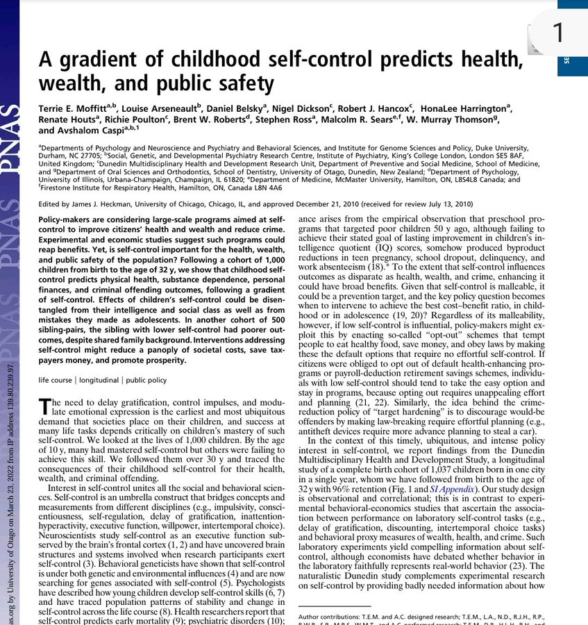virginiog's tweet photo. Relevancia Inteligencia Emocional    Dunedin Study siguió a 1.037 bebés durante 45 años    El mayor predictor de éxito en la vida adulta (salud, dinero, menos crímenes) no fue la inteligencia ni el dinero de los padres... sino el autocontrol infantil   https://t.co/zcfhOA1cIX https://t.co/cHKZWSeEZ2