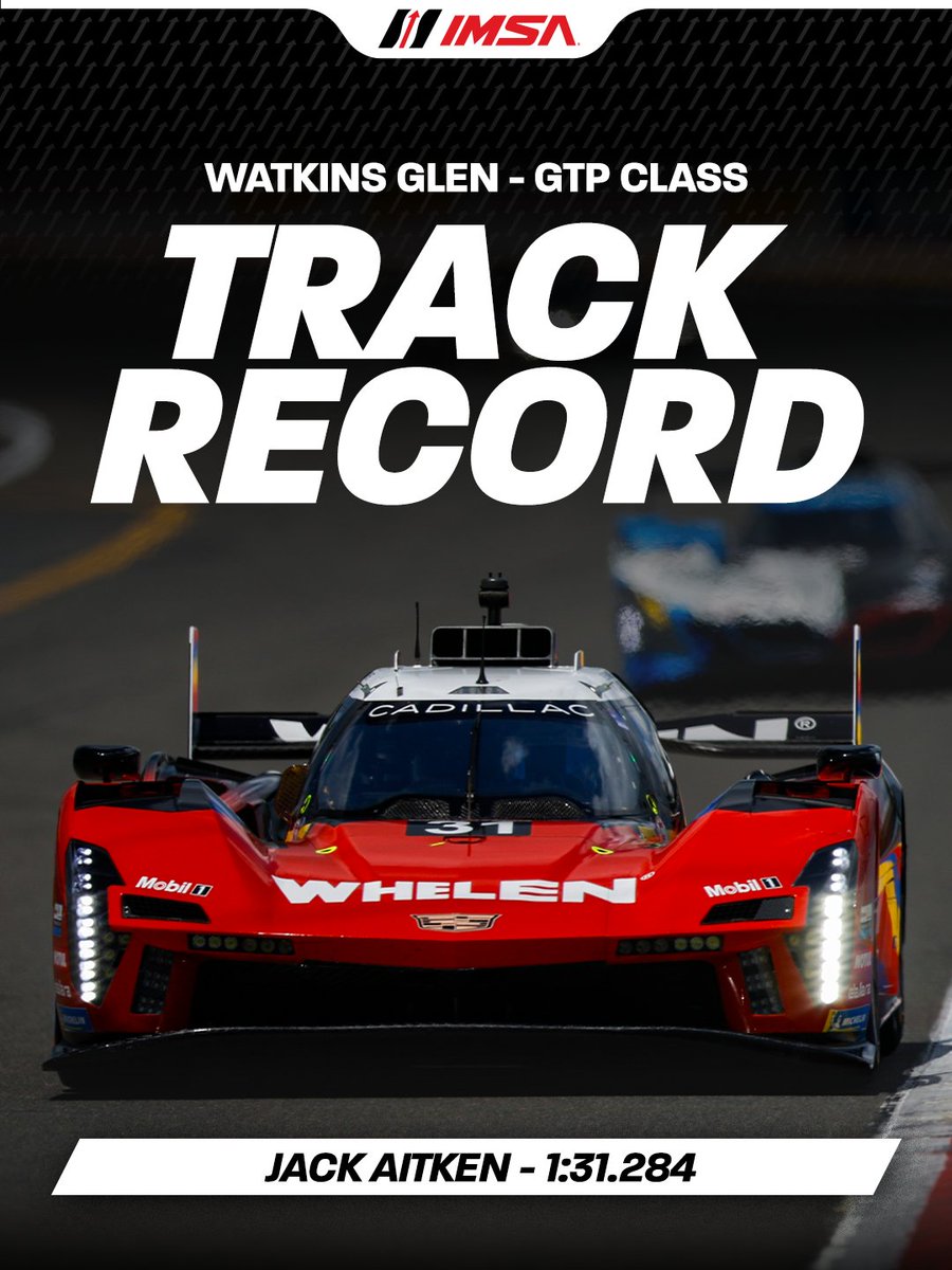 IMSA's tweet photo. ➡️: Jack Aitken sets a GTP track record lap time at Watkins Glen!
Driving the No. 31 Whelen Cadillac V-Series.R
This beats the previous GTP track record set by Renger van der Zande in an Acura ARX-06 in 2025.

➡️: Congratulations to Jack Hawksworth on a GTD/GTD PRO track record lap time at Watkins Glen!
Driving the Lexus RC F GT3 Vasser Sullivan Racing No. 14
This beats the previous track record set by Daniel Serra in a Ferrari 296 GT3 in 2024.