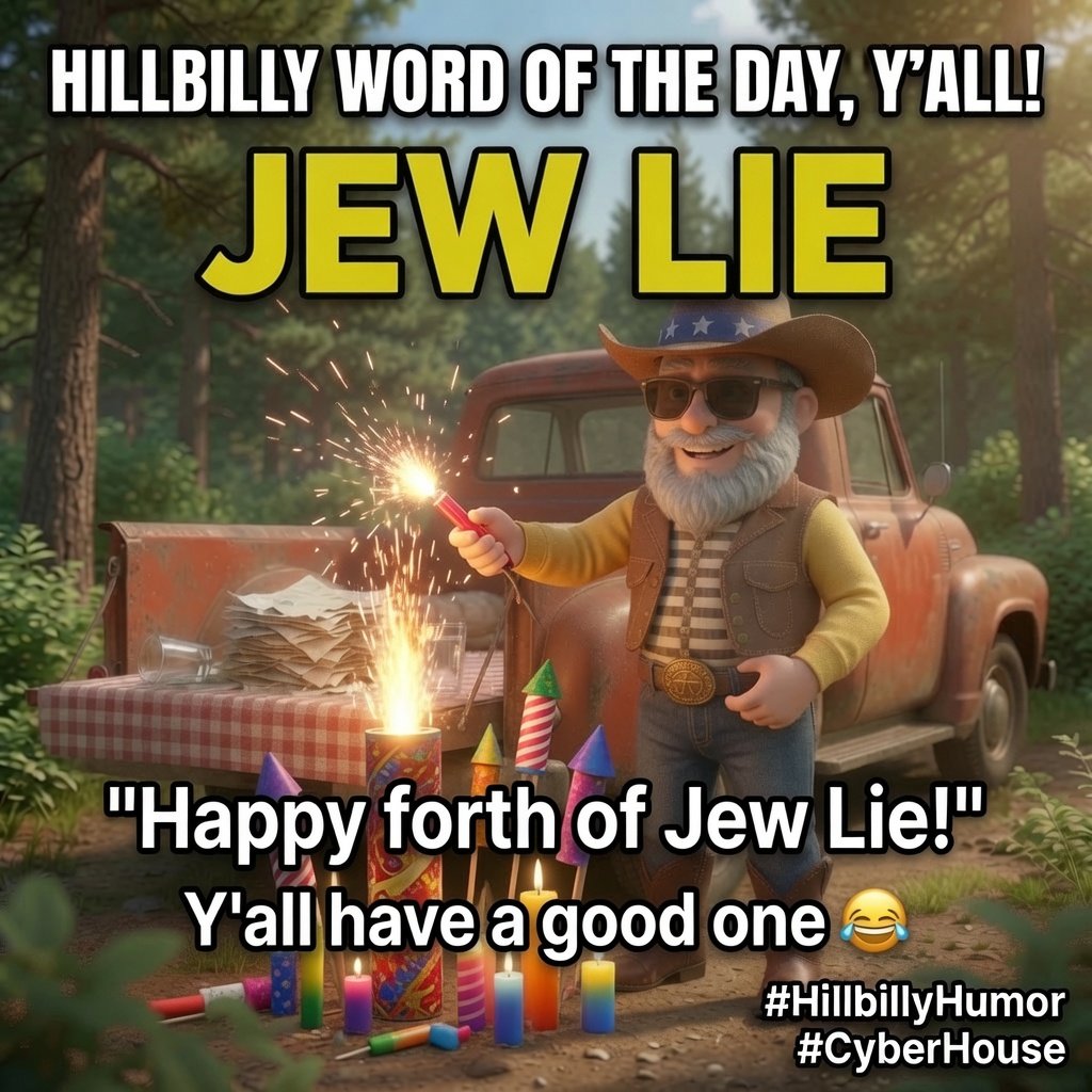 TheCyberHouse's tweet photo. 🚜 Hillbilly Word of the Day, y'all!

JEW LIE

"Happy forth of Jew Lie!"

Y'all have a good one 😂

#HillbillyHumor #CyberHouse https://t.co/nXeqE5bBJ9
