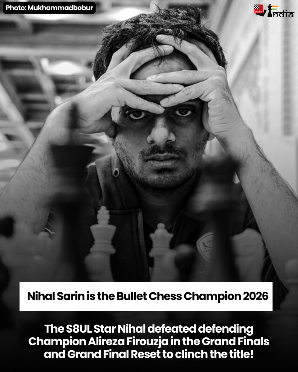 ChessbaseIndia's tweet photo. The S8UL star Nihal Sarin is the 2026 Bullet Chess Champion! Nihal defeated the defending Champion Alireza Firouzja 14.5-7.5 in the Grand Finals, and 9.5-5.5 in the Grand Final Reset to win the title - with an incredible 15-game win streak against Alireza across the Grand Finals!

Nihal's journey to win the Bullet Chess Championship was nothing short of inspiring. After a great run till the semifinals, Nihal lost a close match against Alireza Firouzja in the Winners semifinals. Nihal went on to mount a fantastic comeback - he defeated Oleksandr Bortnyk in the Losers Bracket Quarterfinals, Andrew Tang in the losers bracket semifinals, and Arjun Erigaisi in the losers Bracket Finals. Nihal went on to defeat Alireza in dominating fashion in the Grand Final and Grand Final Reset!

A huge congratulations to Nihal for winning the Bullet Chess Championships - in all his years of playing this event, this was the first time Nihal reached the Finals - and he won it all!

Photo: MukhammadBobur
#chess #chessbaseindia #nihalsarin #s8ul #bulletchesschampionship