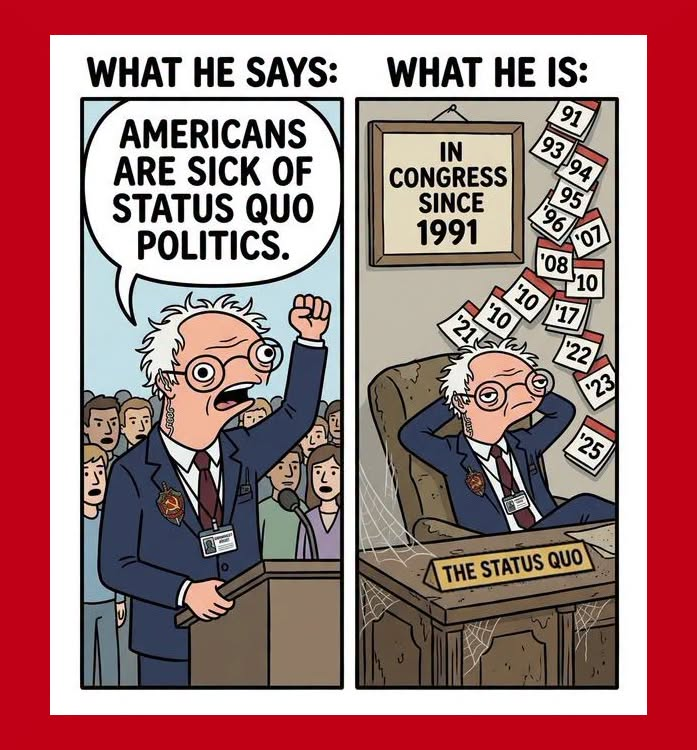 RYboating's tweet photo. Bernie is is like a broken record. 🙄

He's been saying the same thing for decades. 

He's a communist who honeymooned in Moscow and is now a millionaire with mansions, who flies around on private jets telling everyone he hates people just like himself. 😂 

A classic hypocrite! 😉