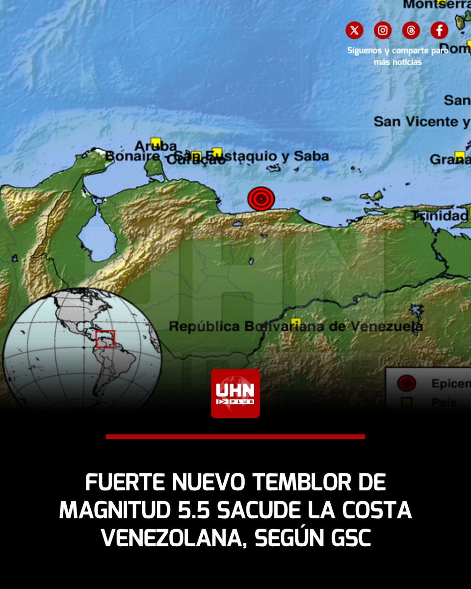UHN_Plus's tweet photo. 🇻🇪‼️ | ÚLTIMA HORA — Un nuevo sismo de magnitud 5.5 se registró en la costa de Venezuela este sábado a las 2:20 de la tarde, con una profundidad de 111 kilómetros, según datos del Servicio Geológico Colombiano (SGC). El epicentro se ubicó a 38 km de La Guaira, 66 km de Los Teques y a 97 km de Isla Ratón.