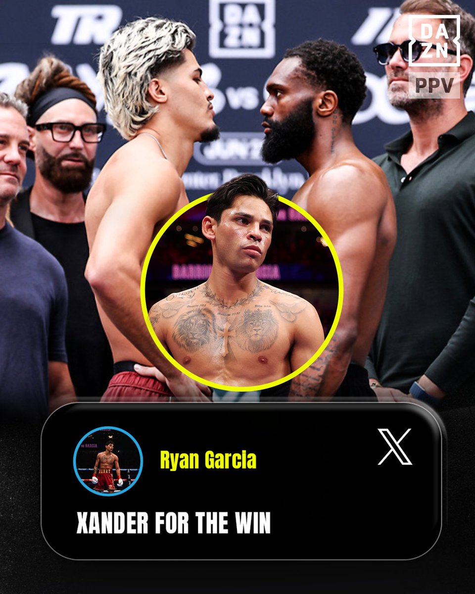 DAZNBoxing's tweet photo. Ryan Garcia is backing Xander Zayas to beat Boots Ennis tonight 👀🥊

🎟️ Buy Zayas vs Ennis HERE --> https://t.co/FoiaUucI53

#ZayasEnnis | June 27 | Live exclusively on DAZN https://t.co/u3M4bg5Abf