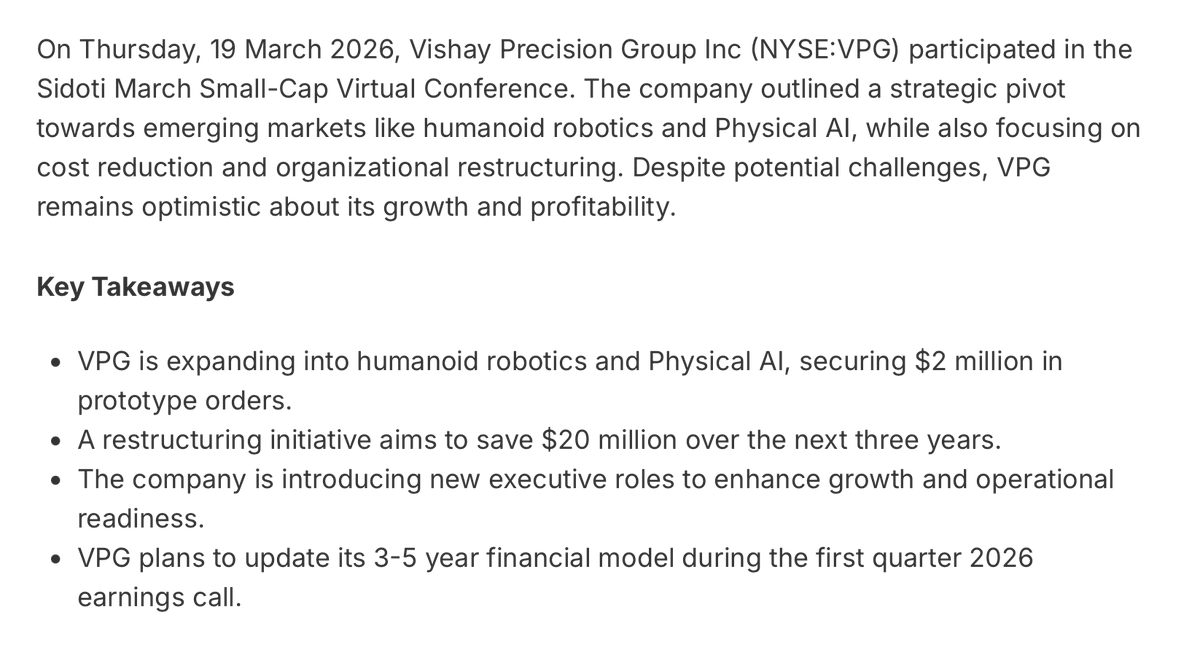 PepInvestStocks's tweet photo. Robotics is NEXT - You only NEED 3 stocks

$OUST has successfully transitioned from a pure-play component manufacturer into an integrated hardware-and-software platform provider purpose-built for spatial intelligence.

Through an expanded collaboration with the $NVDA Jetson platform, $OUST provides the reference 3D data pipeline for autonomous machine vision.

Key scale agreements include $SERV (last-mile delivery fleets), Komatsu (heavy autonomous machinery), and global testing validator DXOMARK,

The deployment of the Rev8 OS sensor family represents the world's first native color-matching digital LiDAR. By acquiring Stereolabs, $OUST bundles high-resolution 3D point clouds, stereo vision, and edge-AI processing into a single architectural layer. This structure completely replaces legacy, multi-sensor hardware arrays for warehouse and logistics operators.

Manufacturing is scaled via a 10-year production roadmap with Benchmark Electronics, securing a globally resilient capacity of over 100,000 units annually.

$AEVA controls the high-performance spectrum of automated driving and heavy industrial robotics via its proprietary Frequency Modulated Continuous Wave (FMCW) technology.

$AEVA is deeply embedded in long-term commercial supply agreements. Key relationships include Daimler Truck (exclusive long-range LiDAR provider), LG Innotek (co-developing optical modules for commercial humanoid robotics), and industrial automation titan SICK AG.

Standard LiDAR systems only register spatial depth. $AEVA unique 4D LiDAR-on-chip measures distance and instantaneous velocity for every single pixel in real-time. This structural feedback loop completely removes computational latency from artificial intelligence engines by telling a robot not just where an object is, but exactly where it will be in the next millisecond.

Backed by an official $NVDA DRIVE integration, $AEVA is leveraging shorter sales cycles through its compact Omni and Eve precision portfolios, rolling out high-margin sub-micron sensing options to factory automation systems.

Unlike vision providers, $VPG acts as the pure-play supplier to the mechanical mechanics of advanced humanoid platforms.

Due to intense commercial positioning, $VPG operates under strict Non-Disclosure Agreements (NDAs) with leading humanoid developers (spanning major players like Figure AI, Apptronik, or $TSLA Optimus.

To replicate human-like dexterity, tactile grip, and dynamic balance, a humanoid robot requires highly specialized strain gauges and force sensors inside every joint, finger, and actuator. $VPG is the global market leader in these high-precision components. They hold an unmatched content value capture of roughly $1,000 per produced robot unit.

$VPG represents the structurally profitable baseline asset of the trio. The firm reported a book-to-bill ratio of 1.21x (indicating demand significantly outpacing production capacity). In 2025, new business initiatives from humanoid clients hit $37.8 million, with management targeting $45 million in new business initiatives while expanding operating margins toward a targeted 20%.

Mark my words.