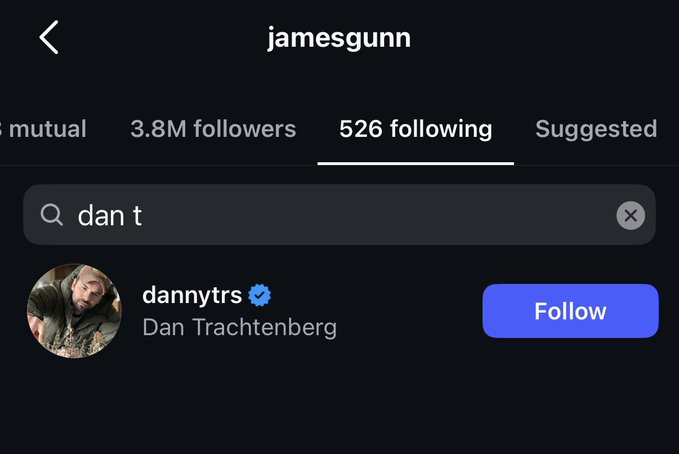 ViewpointGeek's tweet photo. James Gunn has started following Dan Trachtenberg (PREY, PREDATOR: BADLANDS) on Instagram! 👀👀 https://t.co/gtIPMjqg7u