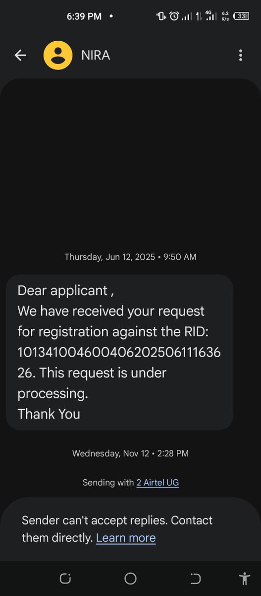 robert_ndawula's tweet photo. @NIRA_Ug Hello @NIRA_Ug, I registered for my National ID on 12 June 2025 and received an SMS notification. However, whenever I go to collect it, I am informed that the ID is not yet available. It has now been one year. Kindly advise whether I should register again or continue waiting. https://t.co/EInbzO0G80