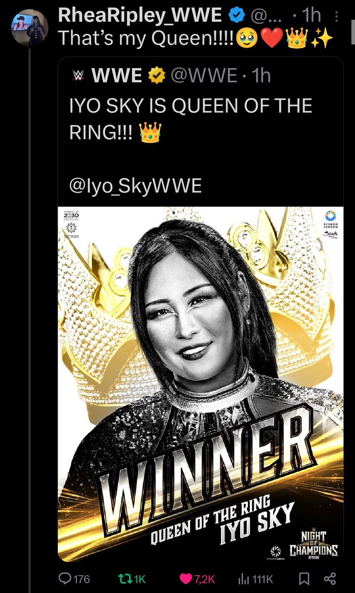 neo9holic7's tweet photo. I have to listened from everybody that Iyo would go after Rhea if she wins the Queen of the Ring and not only you are all wrong but we have our Rhiyo crumbs after a while thanks to it 😊❤️

Rhea our champ!!!! Iyo 🔜 our champ!!!
We are having Rhiyo double world champs soon!!!! https://t.co/HwjZmJjOUr